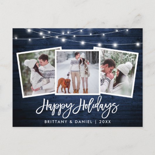 ブラシスクリプトブルーウッドライト3フォトホリデー ポストカード (正面)