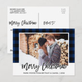 ブラシスクリプトブループレイドカップル写真クリスマス ポストカード (正面/裏面)