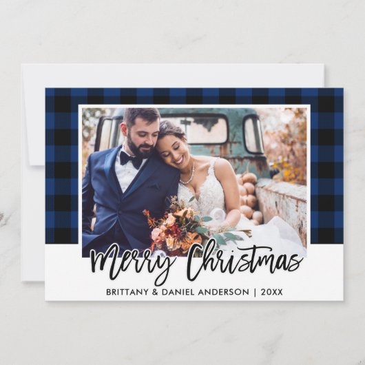 ブラシスクリプトブループレイド結婚の写真クリスマス シーズンカード (正面)