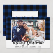 ブラシスクリプトブループレイド結婚の写真クリスマス シーズンカード (正面/裏面)