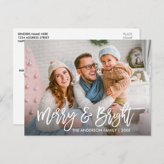 ブラシスクリプトメリーと明るい家族のフォトホリデー ポストカード (正面/裏面)