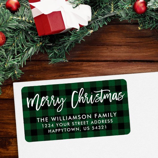 ブラシスクリプトメリークリスマスグリーンプレイドアドレス ラベル