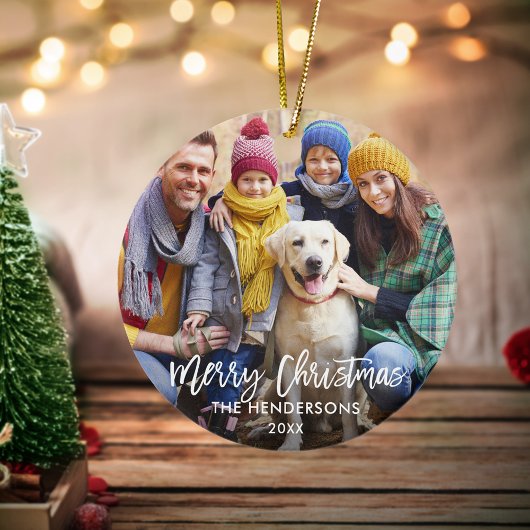 ブラシスクリプトメリークリスマスフォトレッドバック セラミックオーナメント