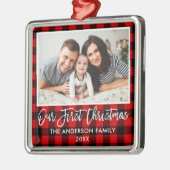 ブラシスクリプトレッドプレイドファミリ初めてのクリスマス メタルオーナメント (左)