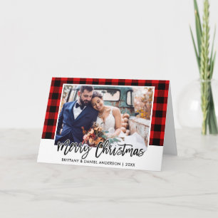 ブラシスクリプトレッドプレイド結婚の写真クリスマス シーズンカード