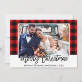 ブラシスクリプトレッドプレイド結婚の写真クリスマス シーズンカード (正面)