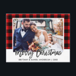 ブラシスクリプトレッドプレイド結婚の写真クリスマス ポストカード<br><div class="desc">ブラシモダンスクリプトレッドPlaidの結婚写真クリスマスポストカード</div>