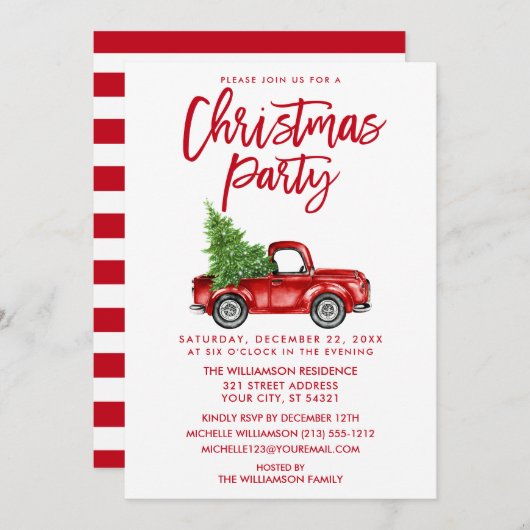 ブラシスクリプトレッドヴィンテージトラッククリスマスパーティーSW 招待状 (正面/裏面)