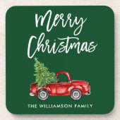 ブラシスクリプトヴィンテージトラッククリスマスツリーグリーン コースター (正面)