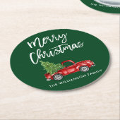 ブラシスクリプトヴィンテージトラッククリスマスツリーグリーン ラウンドペーパーコースター (アングル)