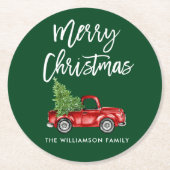 ブラシスクリプトヴィンテージトラッククリスマスツリーグリーン ラウンドペーパーコースター (正面)