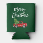 ブラシスクリプトヴィンテージトラッククリスマスツリーグリーン 缶クーラー (正面)