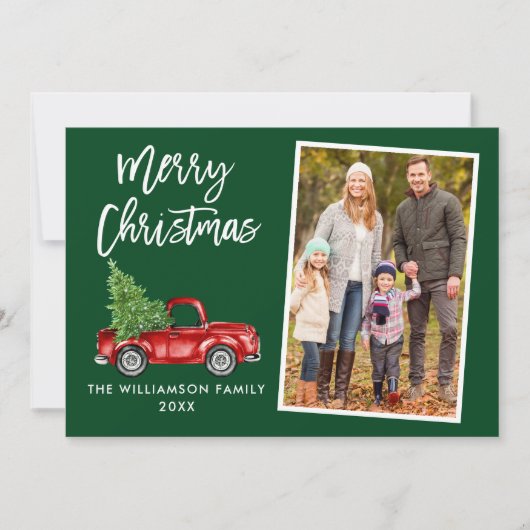 ブラシスクリプトヴィンテージトラックフォトクリスマスグリーン シーズンカード (正面)