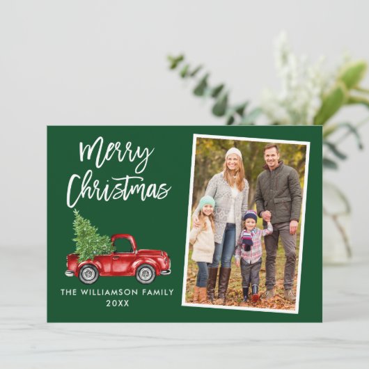 ブラシスクリプトヴィンテージトラックフォトクリスマスグリーン シーズンカード (スタンド正面)