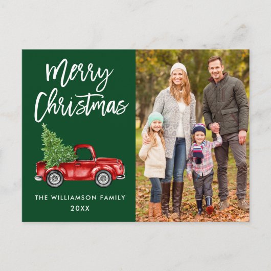 ブラシスクリプトヴィンテージトラックフォトクリスマスグリーン ポストカード (正面)