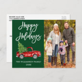 ブラシスクリプトヴィンテージトラックフォトホリデーズグリーン ポストカード (正面/裏面)