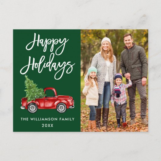 ブラシスクリプトヴィンテージトラックフォトホリデーズグリーン ポストカード (正面)