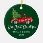 ブラシスクリプトヴィンテージトラック初めてのクリスマス緑 セラミックオーナメント (正面)