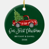 ブラシスクリプトヴィンテージトラック初めてのクリスマス緑 セラミックオーナメント (裏面)