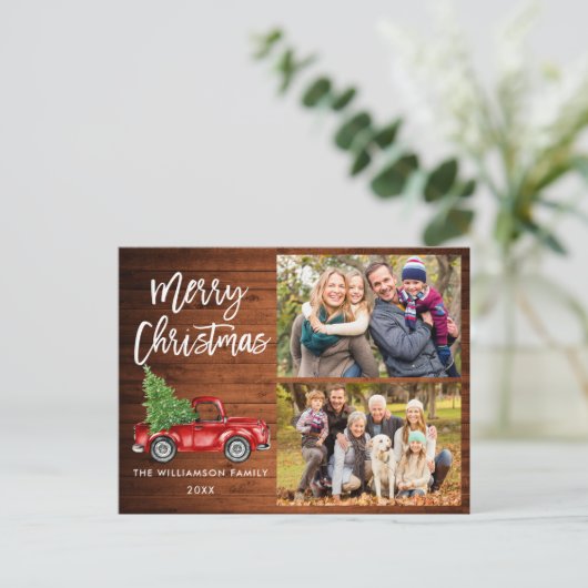ブラシスクリプトヴィンテージトラック2フォトクリスマスウッド ポストカード (スタンド正面)