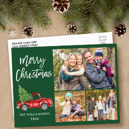 ブラシスクリプトヴィンテージトラック3フォトクリスマスグリーン ポストカード