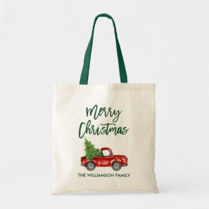 ブラシスクリプトヴィンテージレッドトラックグリーンクリスマス トートバッグ