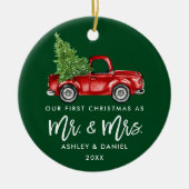 ブラシスクリプト初めてのクリスマスヴィンテージトラックグリーン セラミックオーナメント (正面)