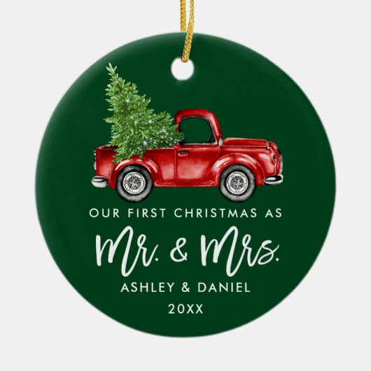 ブラシスクリプト初めてのクリスマスヴィンテージトラックグリーン セラミックオーナメント (正面)