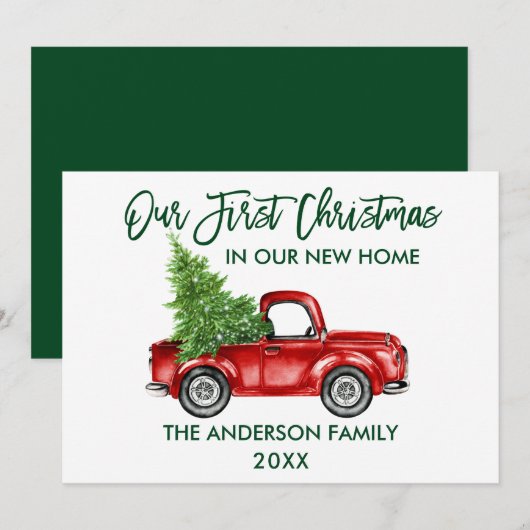ブラシスクリプト初めてのクリスマス新しいホームトラックグリーン シーズンカード (正面/裏面)