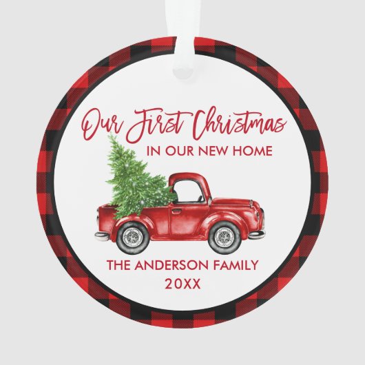 ブラシスクリプト初めてのクリスマス新しいホームトラックプレイド オーナメント (裏面)