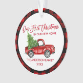 ブラシスクリプト初めてのクリスマス新しいホームトラックプレイド オーナメント (正面)