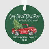 ブラシスクリプト初めてのクリスマス新しいホームトラック緑 オーナメント (裏面)