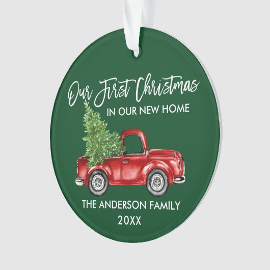 ブラシスクリプト初めてのクリスマス新しいホームトラック緑 オーナメント (正面)