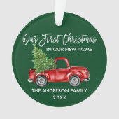 ブラシスクリプト初めてのクリスマス新しいホームトラック緑 オーナメント (正面)