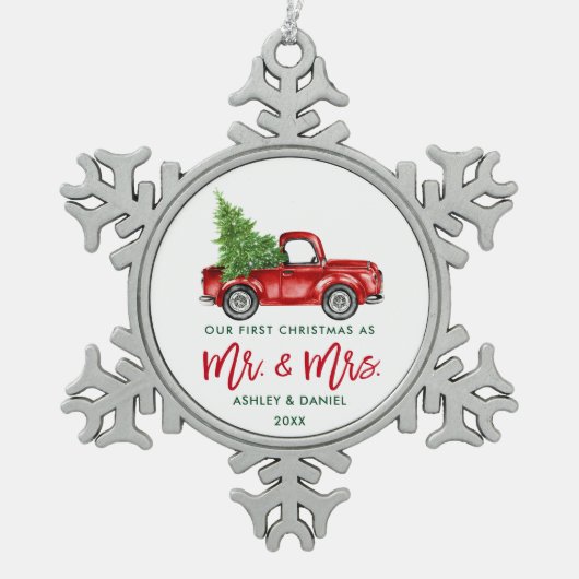 ブラシスクリプト初めてのクリスマス赤トラック スノーフレークピューターオーナメント (正面)