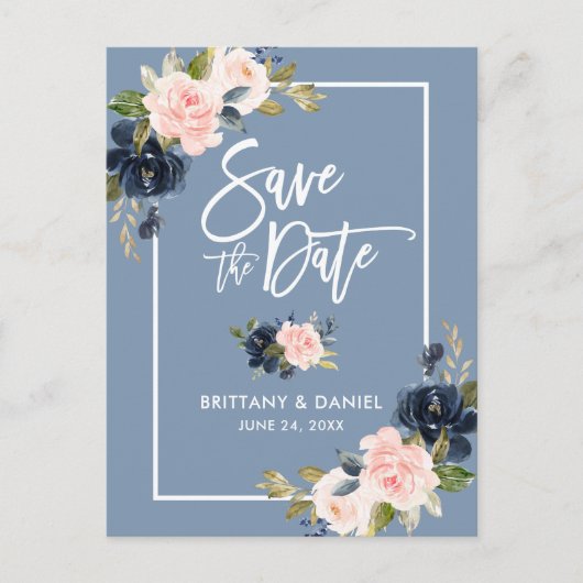 ブラシスクリプト日付の保存ダスティブルーピンクフローラ 案内ポストカード (正面)