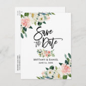 ブラシスクリプト日付を保存ピンクの白フローラ 案内ポストカード (正面/裏面)