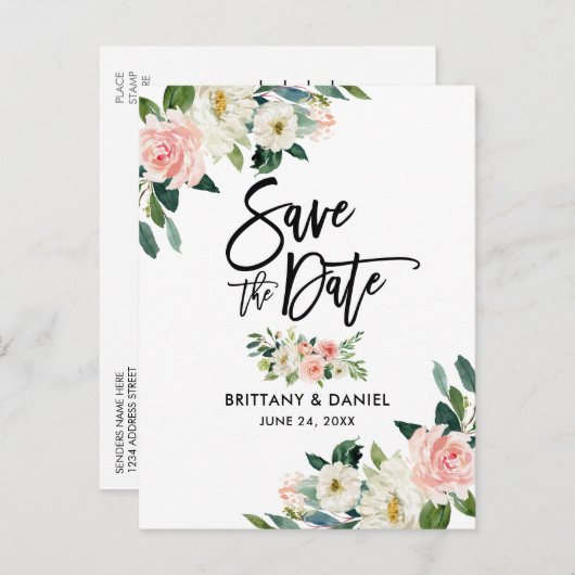 ブラシスクリプト日付を保存ピンクの白フローラ 案内ポストカード (正面/裏面)