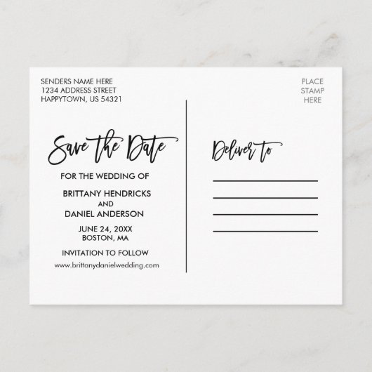 ブラシスクリプト日付を保存ピンクの白フローラ 案内ポストカード (裏面)