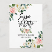 ブラシスクリプト日付を保存ピンクの白フローラ 案内ポストカード (正面)