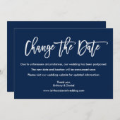 ブラシスクリプト日付を変更するネイビーブルーカード セーブザデート (正面/裏面)