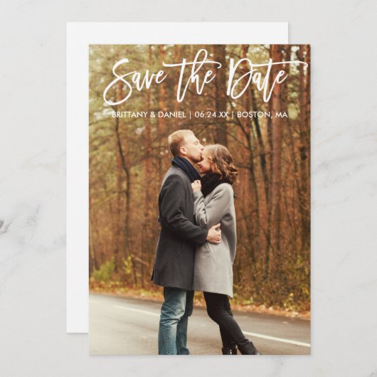 ブラシスクリプト日付カップルのフォトカードを保存 セーブザデート (正面/裏面)