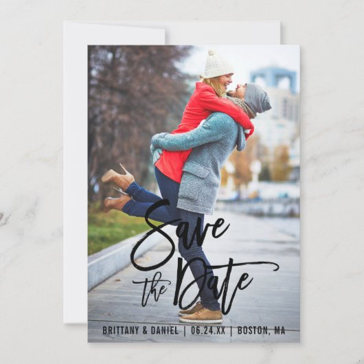 ブラシスクリプト日付フォト婚約カードの保存 セーブザデート (正面)