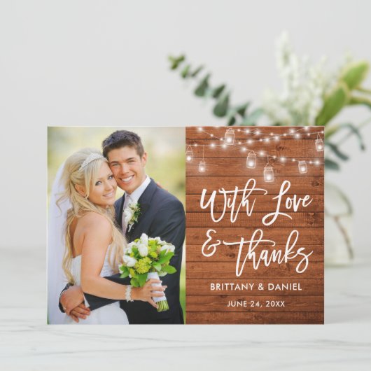 ブラシスクリプト木のライト愛と感謝していの結婚Brush Script Wood Lights サンキューカード (スタンド正面)