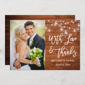 ブラシスクリプト木のライト愛と感謝していの結婚Brush Script Wood Lights サンキューカード (正面/裏面)