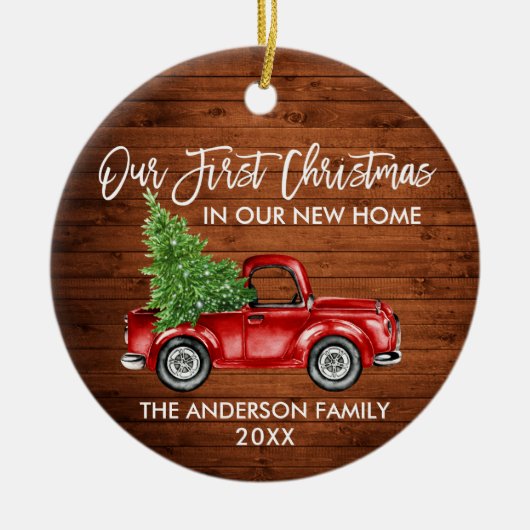 ブラシスクリプト木材初めてのクリスマス新しいホームトラック セラミックオーナメント (正面)