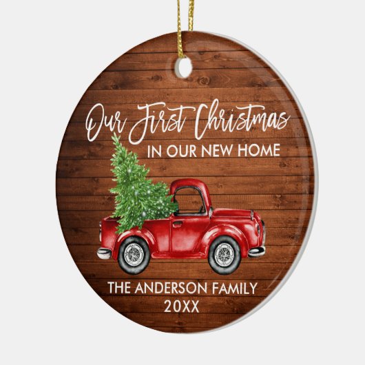 ブラシスクリプト木材初めてのクリスマス新しいホームトラック セラミックオーナメント (左)