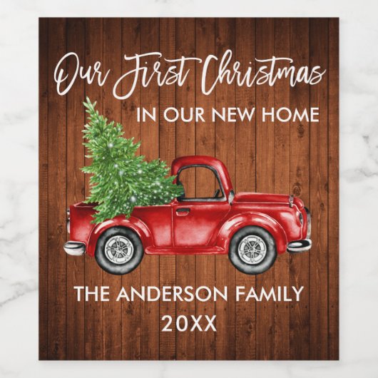 ブラシスクリプト木材初めてのクリスマス新しいホームトラック ワインラベル (シングルラベル)