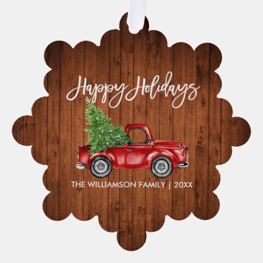 ブラシスクリプト水の色レッドトラック素朴休日 オーナメントカード (正面)