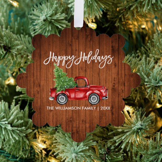 ブラシスクリプト水の色レッドトラック素朴休日 オーナメントカード (インサイチュ (木))